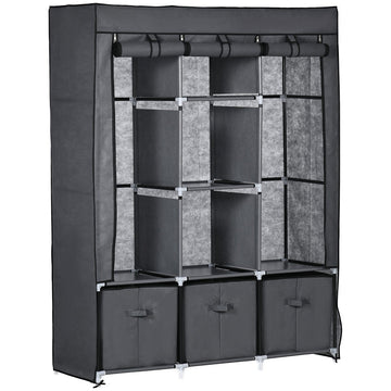 Stoffen kledingkast met 5 planken en 3 laden | Kleur: Donkergrijs | Afmetingen: 125x43x162.5 cm