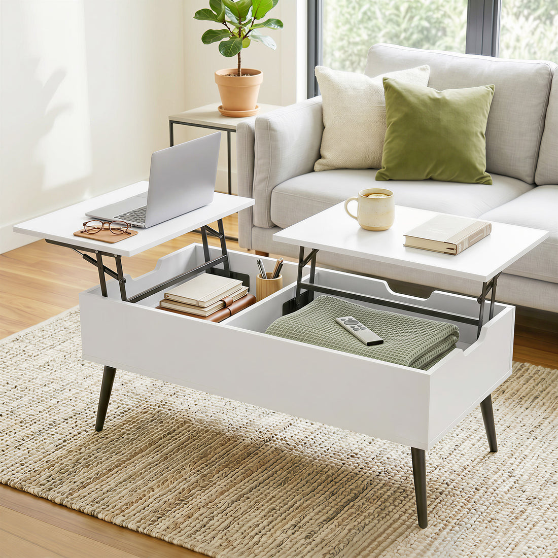 Justerbart soffbord med förvaring | Färg: Vit | Mått: 100x50x43,6 cm
