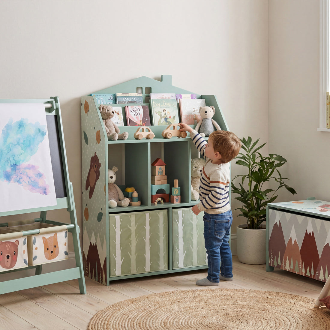 Kinderbücherregal mit 2 Stoffschubladen | Farbe: Grün | Abmessungen: 62,5x30x91,5 cm