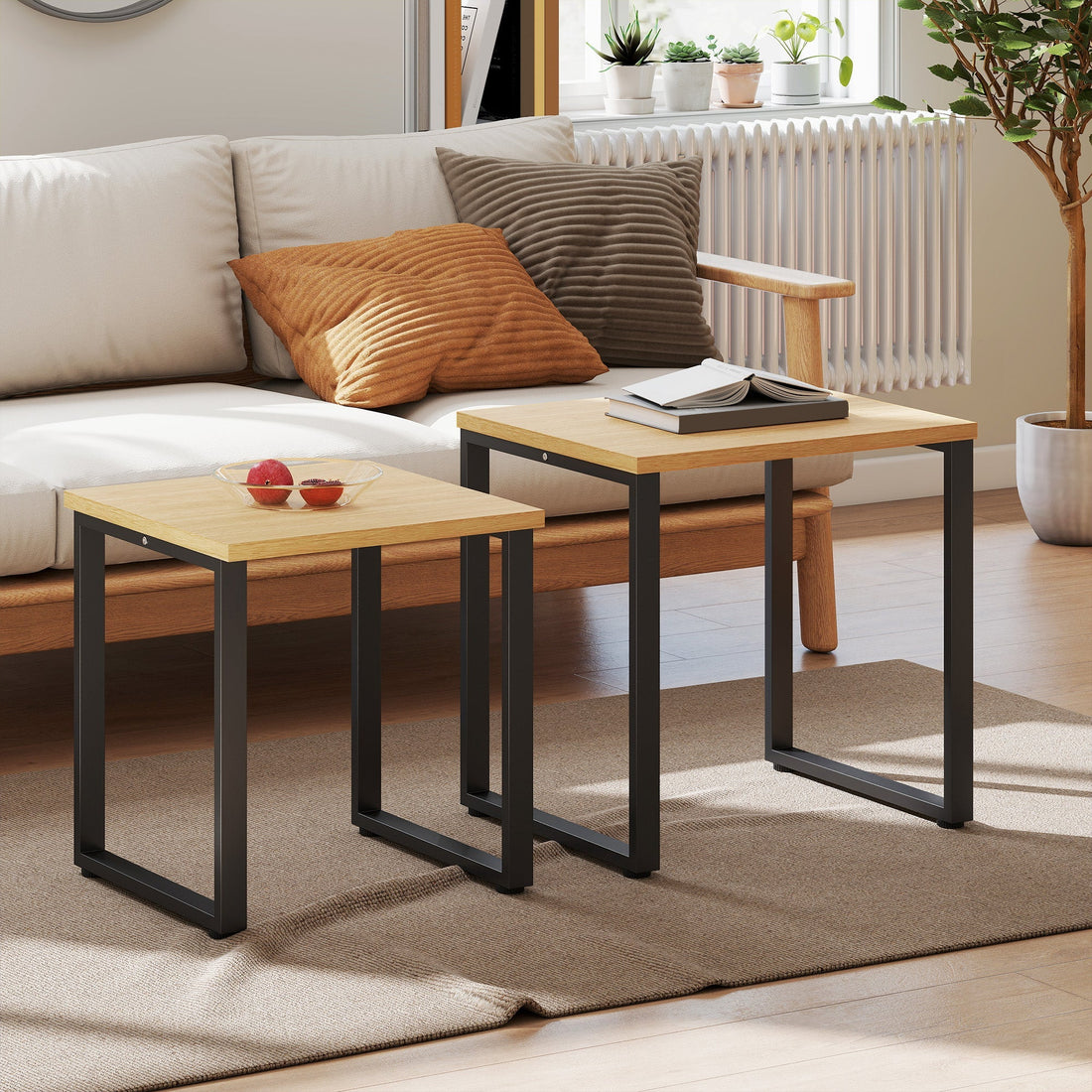 Soffbordsset 2 delar med metallram | Färg: Brun, svart | Mått: 60x50x60 cm
