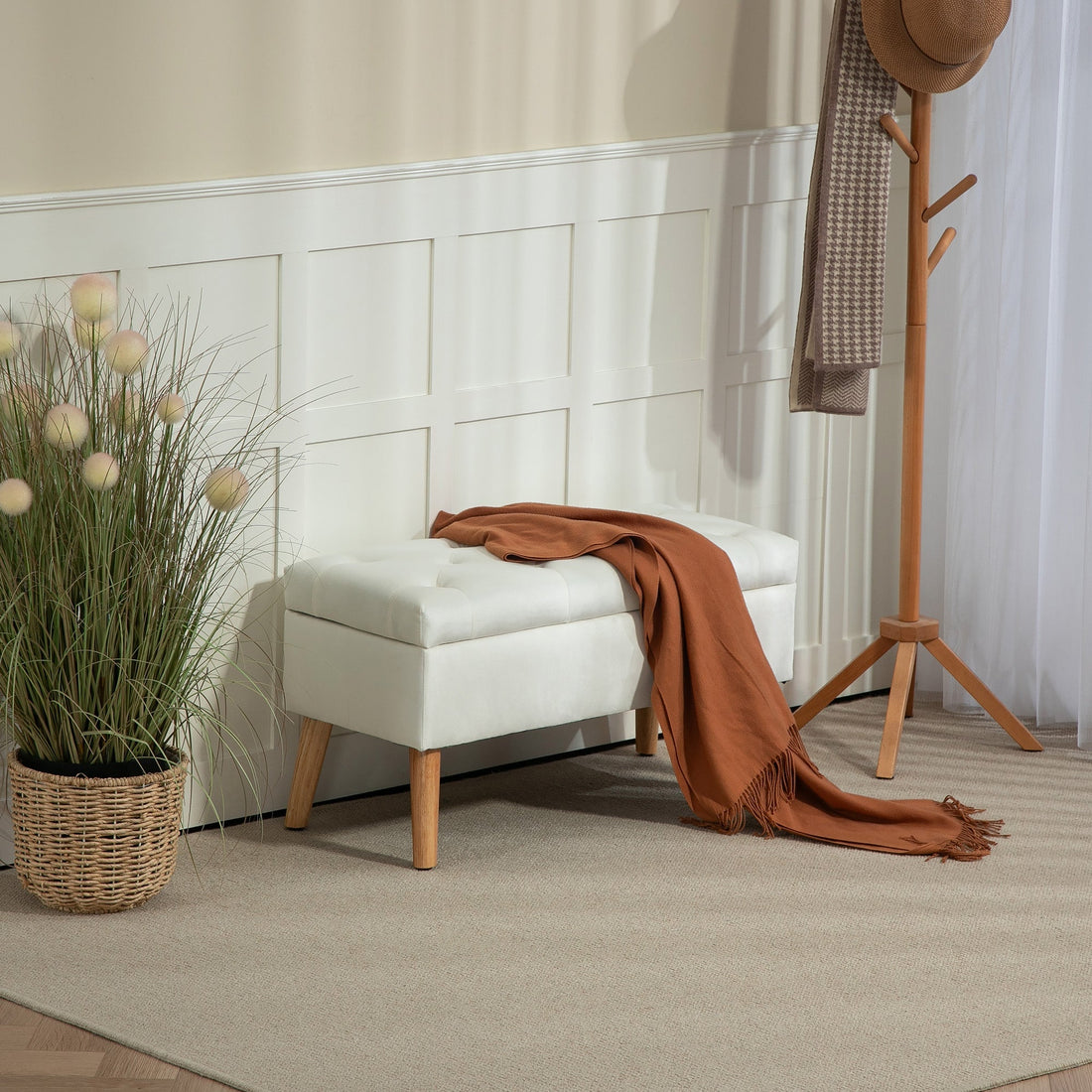 Gestoffeerde opbergbank met fluwelen bekleding | Kleur: Wit | Afmetingen: 80x35x40 cm