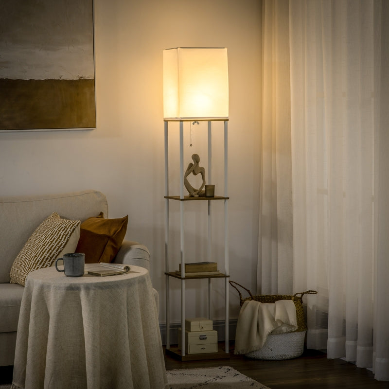 Vloerlamp met geïntegreerde planken en stoffen kap | Kleur: Wit | Afmetingen: 26x26x159 cm