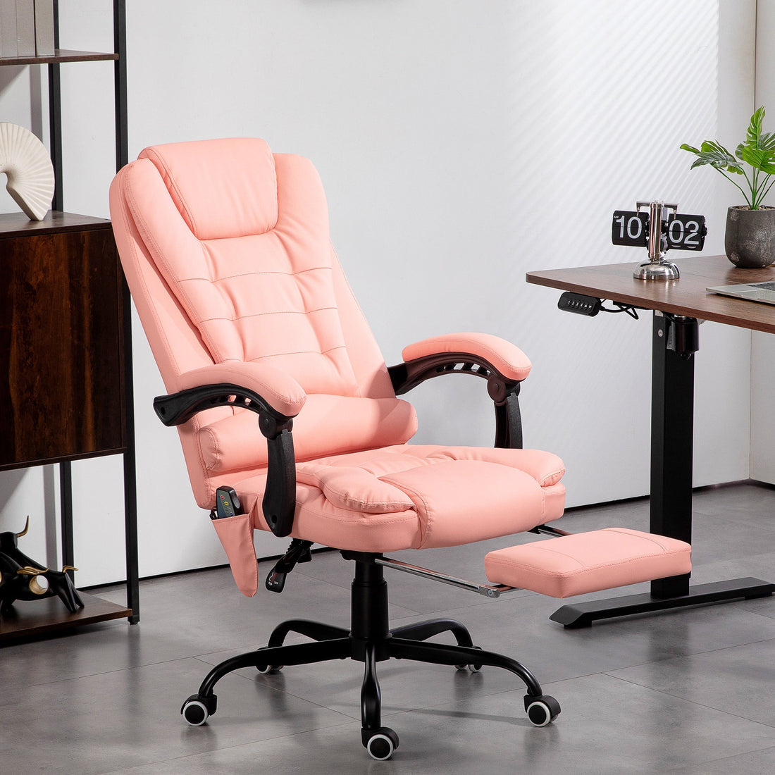 Massage bureaustoel met voetsteun, 7 vibratiepunten | Kleur: Roze | Afmetingen: 67x67x111-121 cm