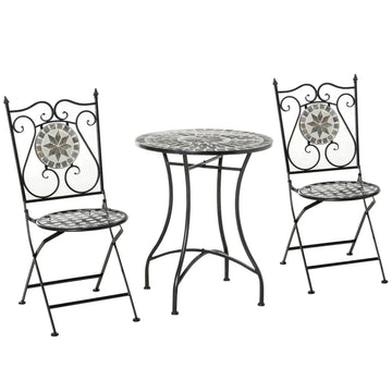 Bistroset voor 2 met mozaïektafel en 2 klapstoelen | Kleur: Grijs | Afmetingen: 60x60x71 cm