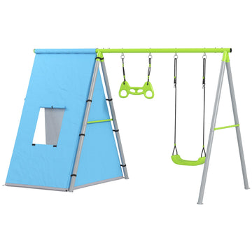 3-in-1 schommelset met tent en turnringen | Kleur: Groen, blauw | Afmetingen: 180x283x182 cm
