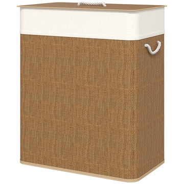 Bamboe wasmand 100L met 2 vakken | Kleur: Bruin, Wit | Afmetingen: 32x52x63 cm