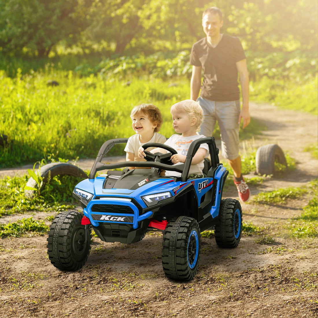 24V elektrische kinderauto voor 2 kinderen | Kleur: Blauw en Zwart | Afmetingen: 72x117x67 cm