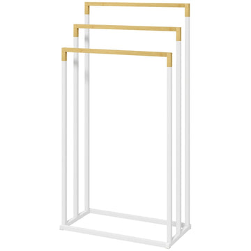 Handdoekrek met 3 rails, bamboe en staal | Kleur: Wit + naturel | Afmetingen: 22.5x45x86 cm