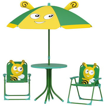 Kinder tuinmeubelset met bijendesign - tafel, 2 stoelen en parasol | Kleur: Groen, geel