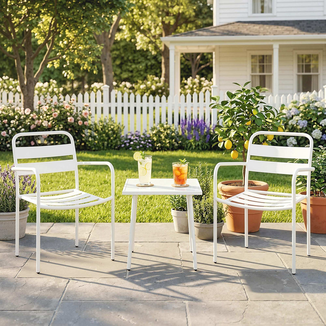 3-delige bistroset met 2 stoelen en glazen tafel | Kleur: Wit | Afmetingen: 55x58x82 cm