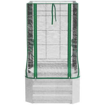 Verhoogde plantenbak met kas en trellis | Kleur: Zilver+Groen | Afmetingen: 53x53x90 cm