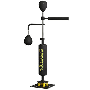 Boksstandaard met speedballen en trapkussens | Kleur: Zwart | Afmetingen: 36x107x140-205 cm