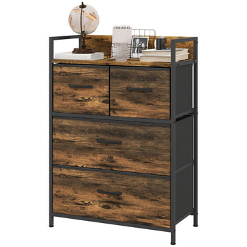 Ladekast met 4 stoffen lades en stalen frame | Kleur: Bruin-zwart | Afmetingen: 29x60x85 cm
