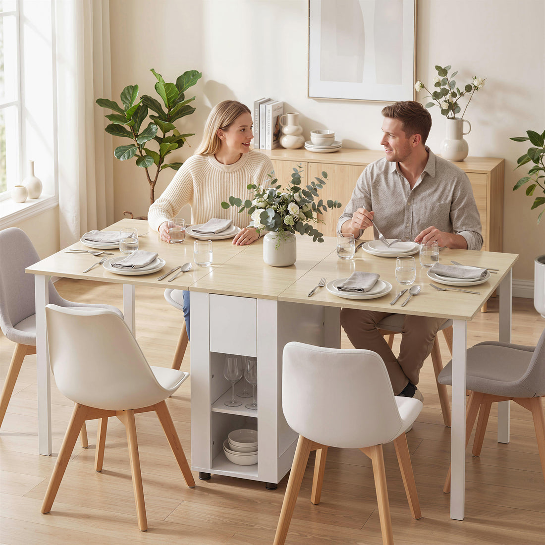 Fällbart bord för 6 personer | Färg: Vit+Naturträ | Mått: 168,2x85x73 cm