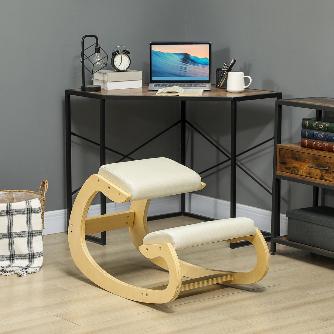 Ergonomische schommelende kniestoel voor kantoor | Kleur: Wit, bruin | Afmetingen: 55x85x55 cm