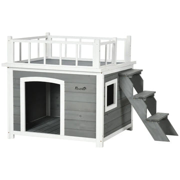 Hondenhok met dakterras en ladder | Kleur: Naturel+Beige | Afmetingen: 70x65x66 cm