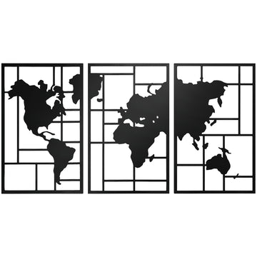 Metalen wanddecoratie wereldkaart, 3-delig | Kleur: Zwart | Afmetingen: 150x1,9x80 cm