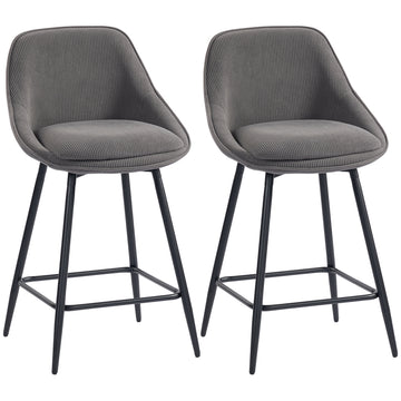 Set van 2 barkrukken met corduroy en stalen poten | Kleur: Grijs | Afmetingen: 49x52x88 cm