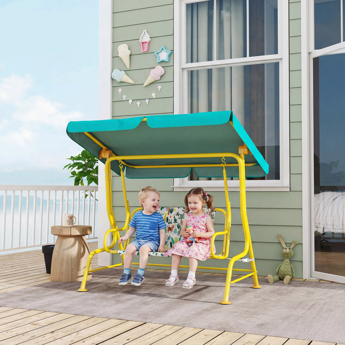 2-zits Hollywoodschommel voor kinderen met zonnedak | Kleur: Groen | Afmetingen: 75x112x120 cm