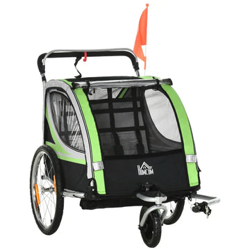 2-in-1 kinderfietstrailer | Kleur: Groen/grijs/zwart/zilver | Afmetingen: 75x142x101 cm