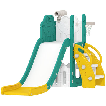 5-in-1 kinderspeelset met glijbaan | Kleur: Geel en groen | Afmetingen: 70x178x86 cm