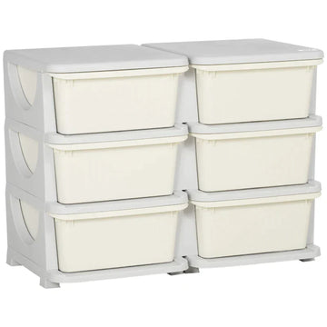 Kinderkast met 6 lades en zitvlak | Kleur: Crèmewit + grijs | Afmetingen: 37x275x56.5 cm