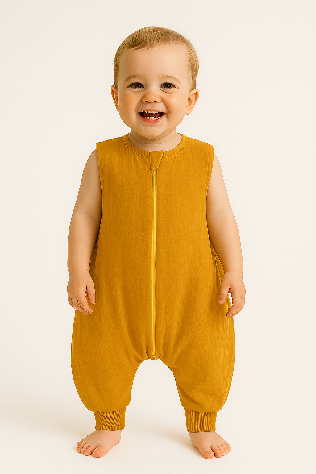 XL Babyschlafsack mit Beinen – Musselin – atmungsaktiv und bewegungsfrei, 2–4 Jahre, honiggelb, TOG 1.0