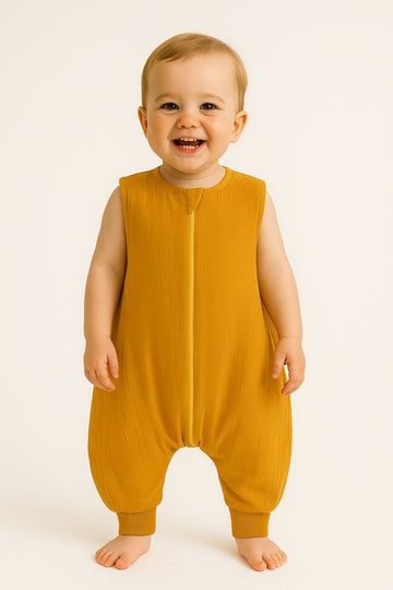 XL Babyschlafsack mit Beinen – Musselin – atmungsaktiv und bewegungsfrei, 2–4 Jahre, honiggelb, TOG 1.0