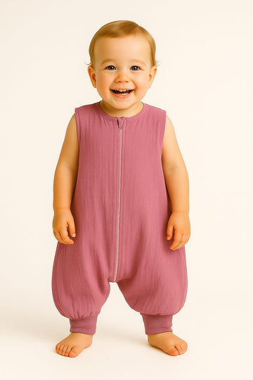 Babyslaapzak met benen, zomer slaapzak, ademend & licht, 2-4 jaar, retro roze, muslin katoen