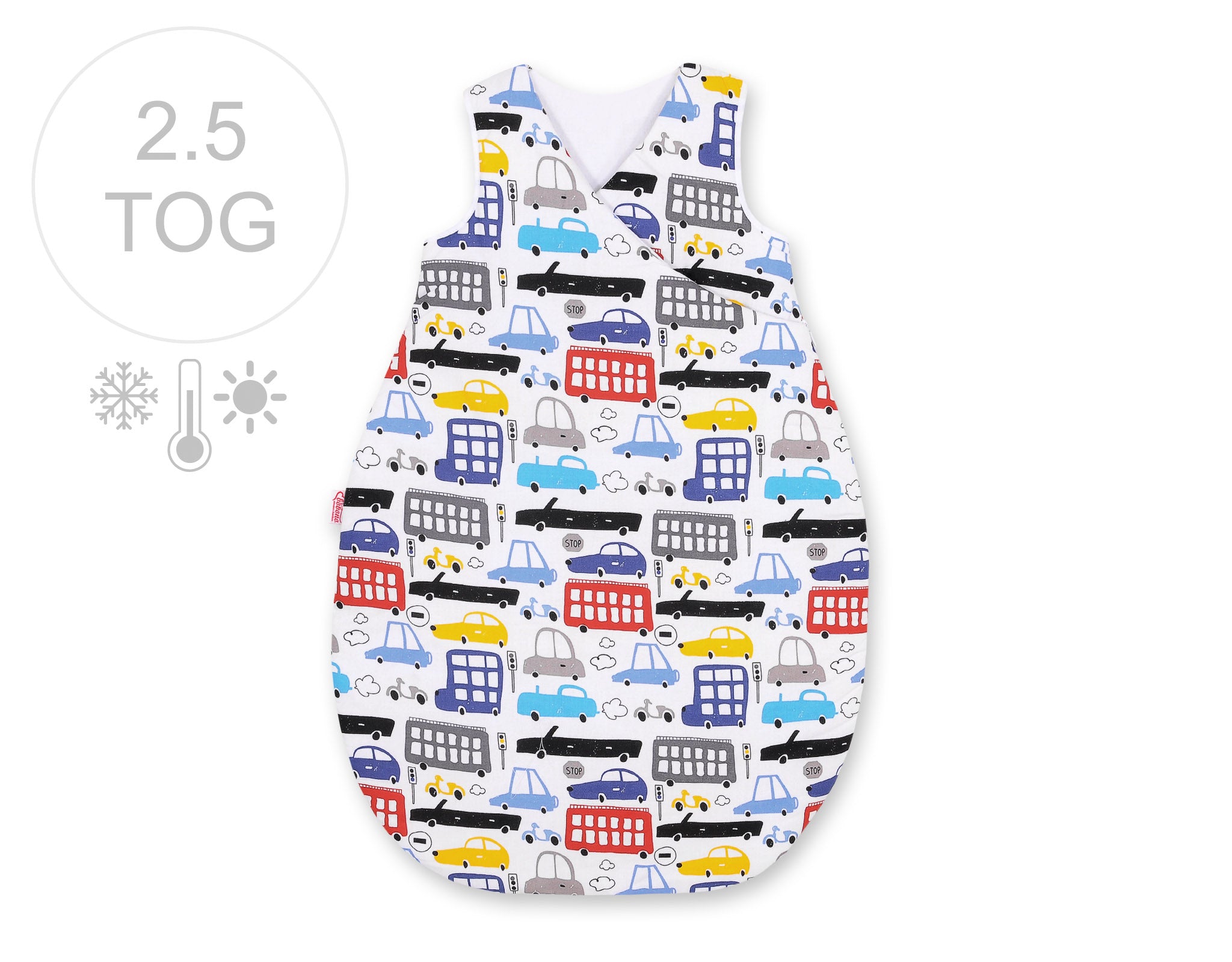 Sovsäck för spjälsäng - året runt, mjuk bomull, dragkedja på sidan, 75 cm, färgglada bilar