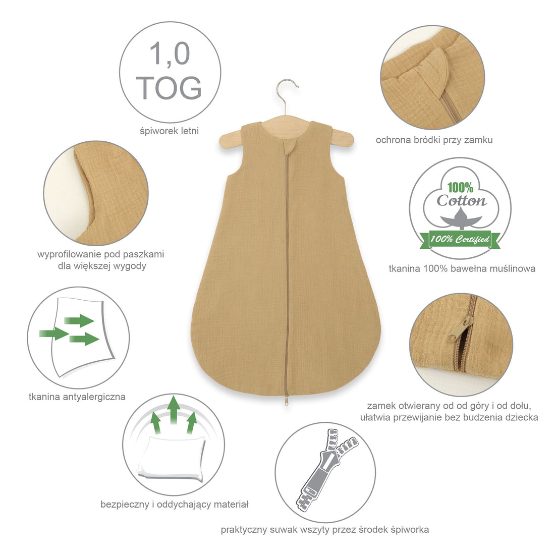 Muslin babysovpåse – sommarsovpåse – andningsbar och mjuk bomull – 0-6 månader – kamel – TOG 1.0