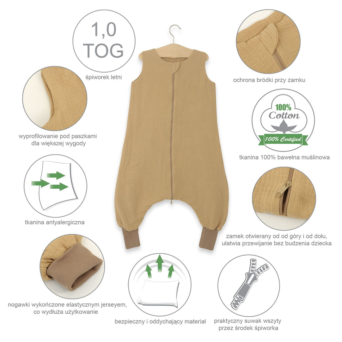 Baby slaapzak met benen - muslin kinderslaapzak - ademend & lichtgewicht voor zomer, grijs