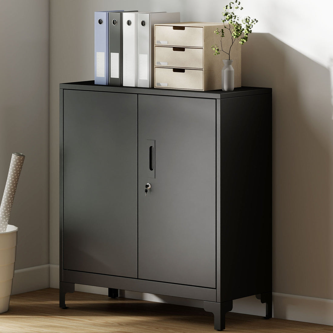 Metall Büro Schrank mit Schloss - 2 Etagen, schwarz | Farbe: Schwarz | Abmessungen: 80x35x91 cm