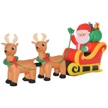 Opblaasbare Kerstman met slee en rendieren | Kleur: Geel-rood | Afmetingen: 57x240x112 cm