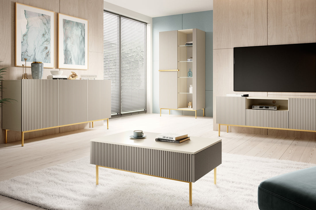 Nicole salontafel 120 cm met opberglades - Kasjmier en gouden poten | Kleur: Kasjmier