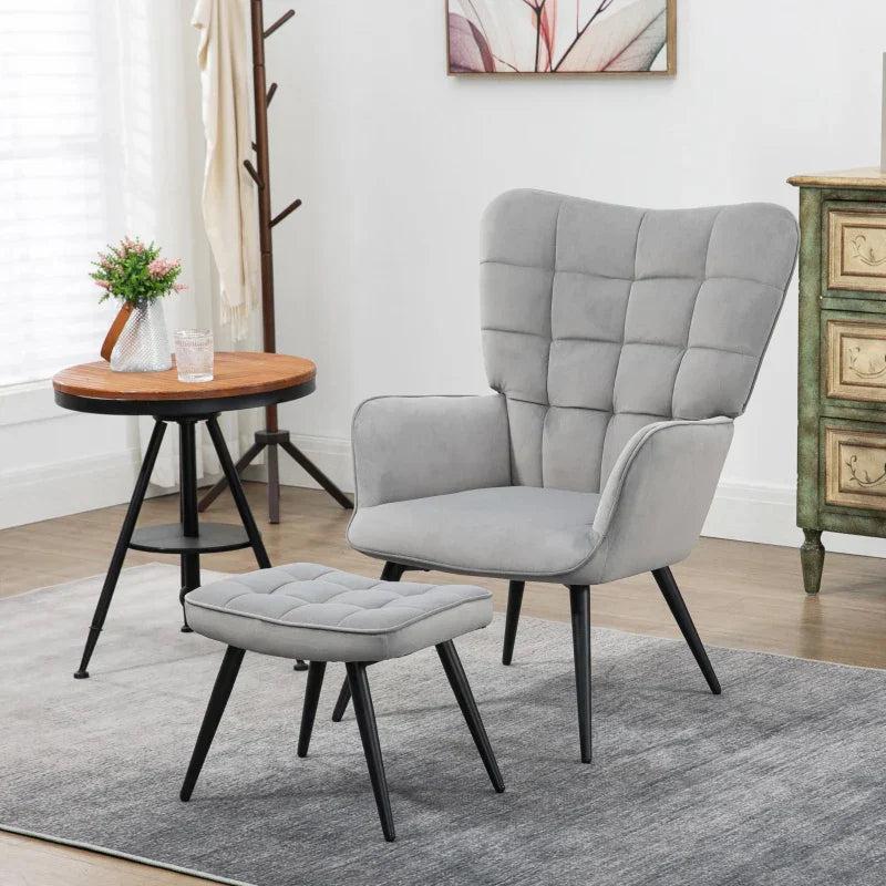 Relaxliege mit Hocker - Samt Sessel | Farbe: Hellgrau | Abmessungen: 73x77,5x98 cm