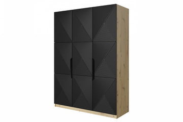 Asha Kledingkast 150 cm - 3 Deuren, Zacht Sluitend | Kleur: Mat Zwart & Eiken | Maat: 150x205x57 cm