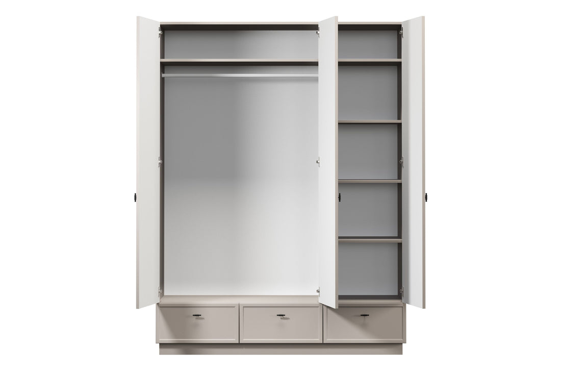 Lorini Kledingkast 150 cm met 3 deuren, 3 lades & planken | Kasjmier | Zwarte T-handgrepen