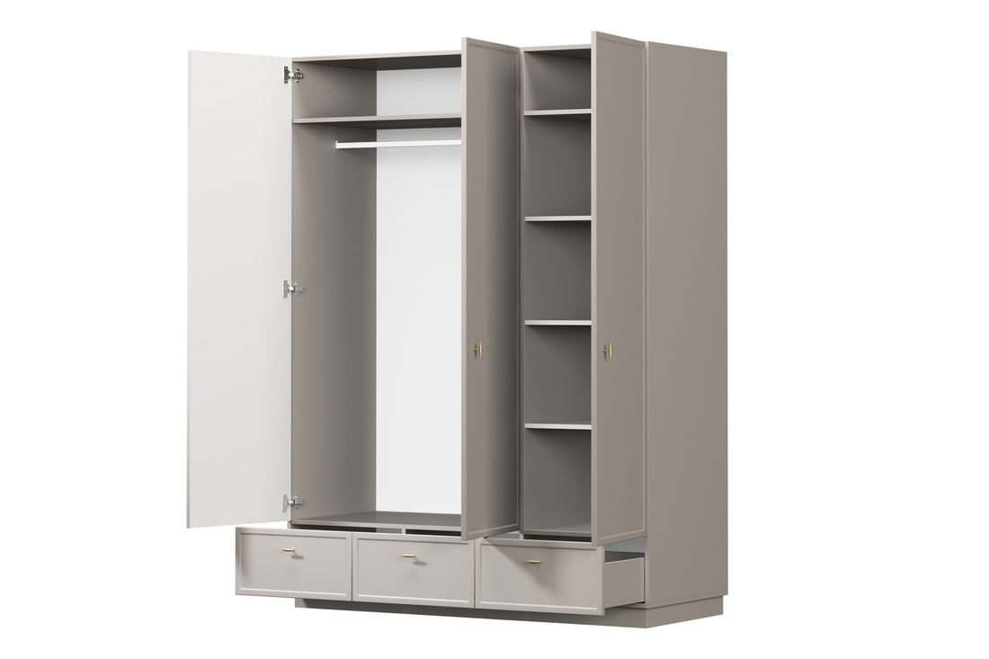 Lorini Kledingkast 150 cm met 3 Deuren, 5 Planken & Gouden T-handgrepen | Kasjmier