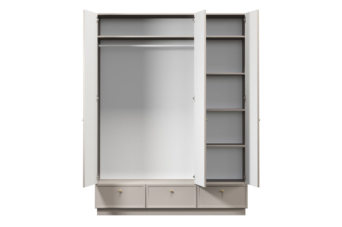 Lorini kledingkast 150 cm met lades, planken & kledingroede | Kasjmier | Gouden handgrepen