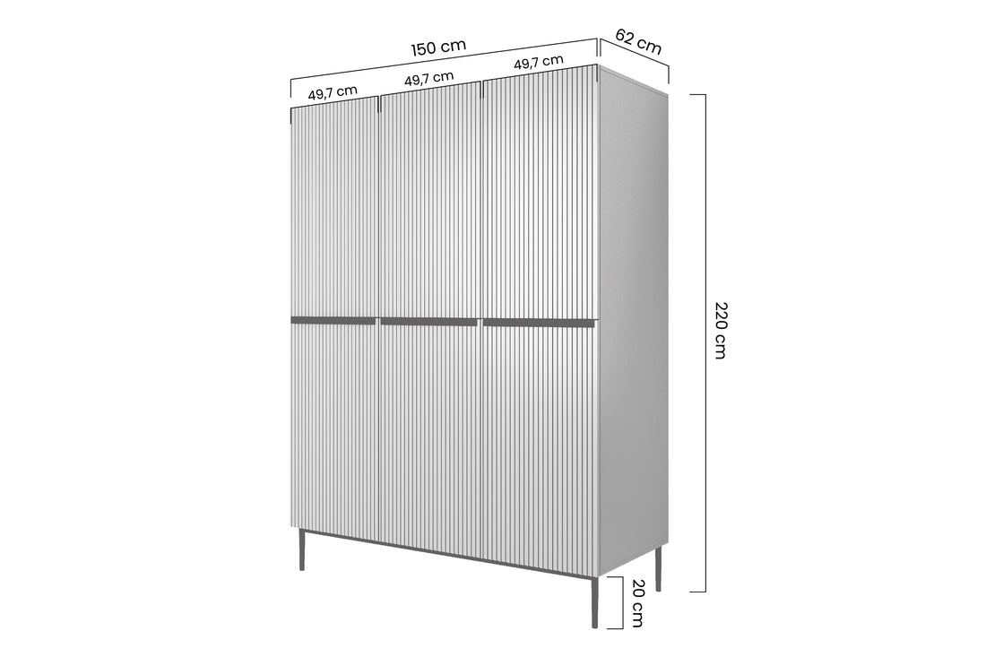 Nicole kledingkast met 3 deuren en planken - Luxe design | Mat zwart | 150x220x62 cm