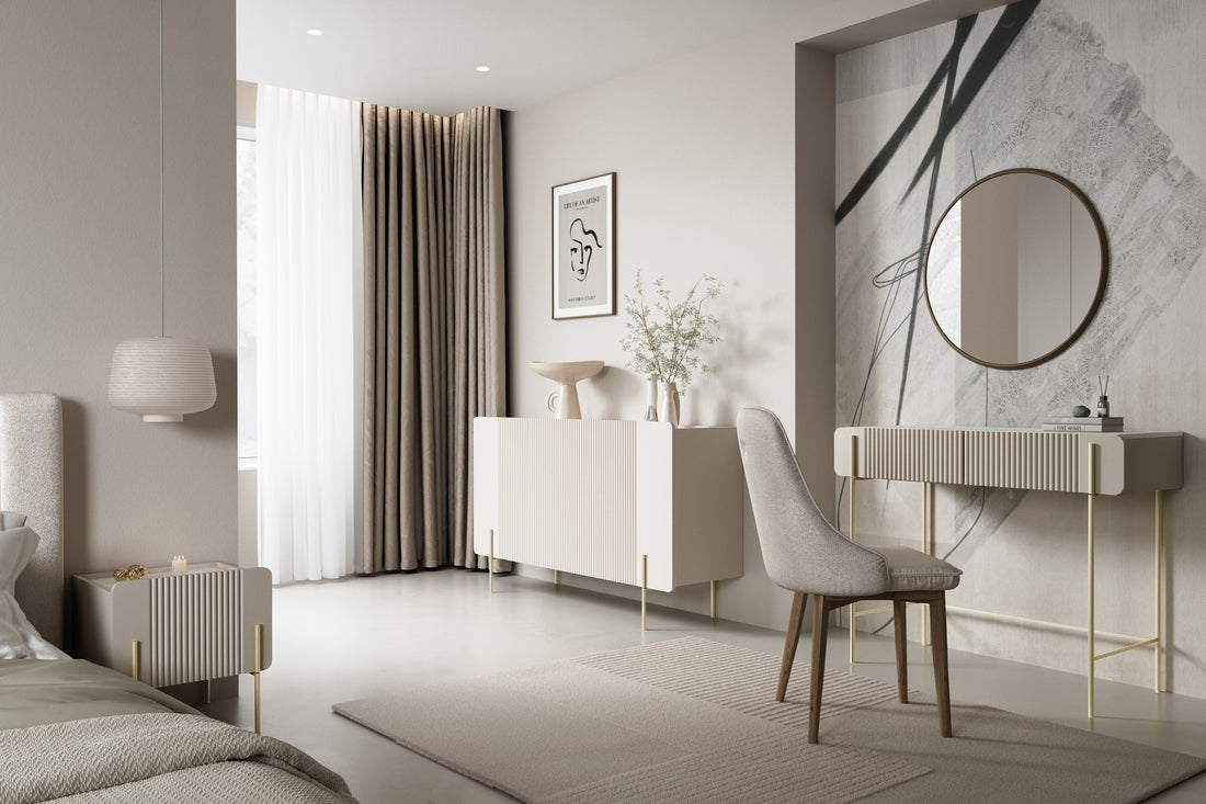 Malmi Nachtkastje met Lade – Kasjmier Mat Afwerking | Kleur: Kasjmier / Crema Bianca / Goud