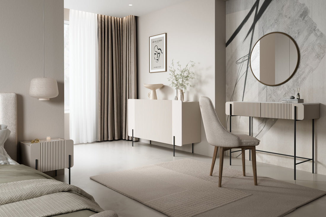 Malmi Nachtkastje met Lade 45 cm – Mat Kasjmier / Crema Bianca / Zwarte Metalen Poten