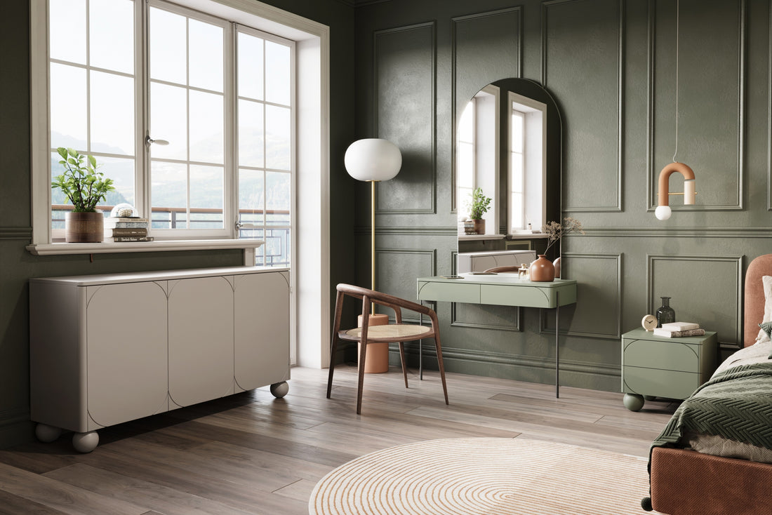 Sonatia II Nachtkastje met 2 Laden - Modern Design op Houten Krukpoten | Kleur: Olijfgroen