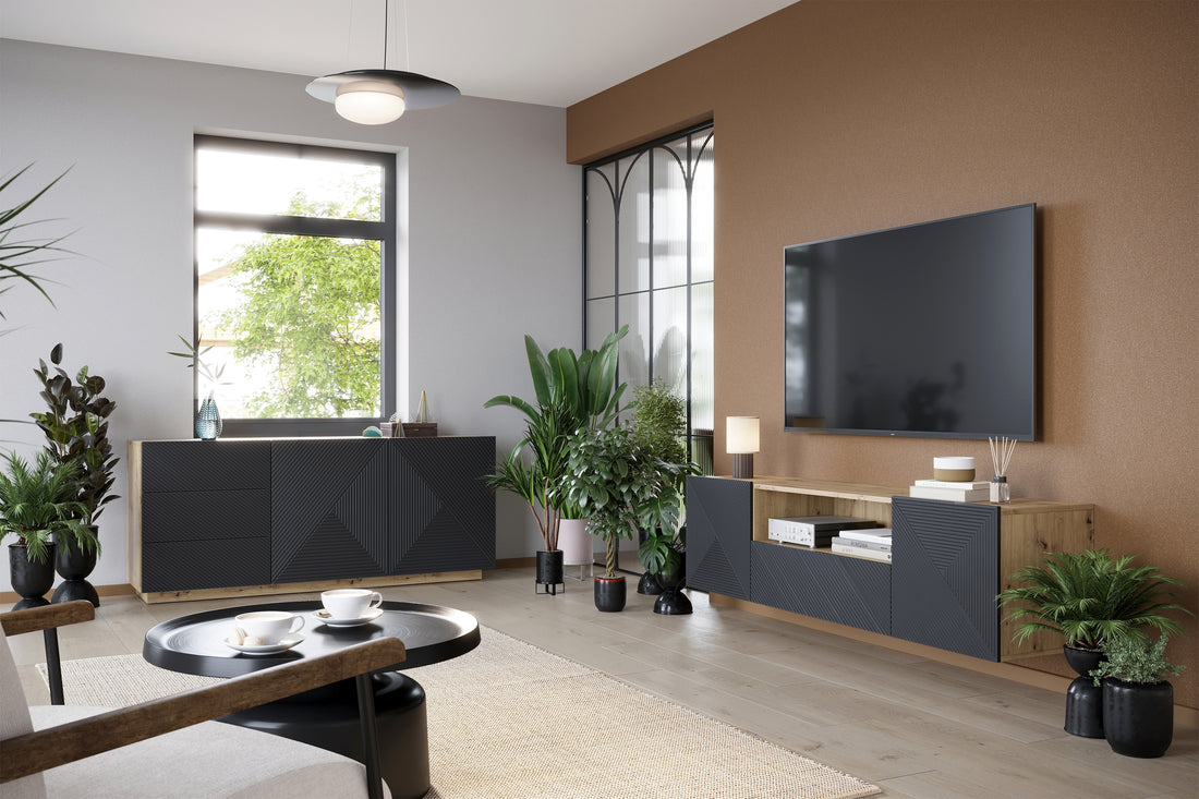 Asha Hangend TV-Meubel met Lade 167 cm - Modern en Stil Sluitend | Kleur: Artisan / Rivier Stone Mat