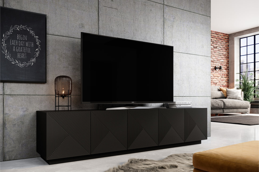 Asha TV-meubel 200 cm - Vijfdeurs, Gegroefd Front, Mat Zwart | Kleur: Mat Zwart | Maat: 200x46x40 cm