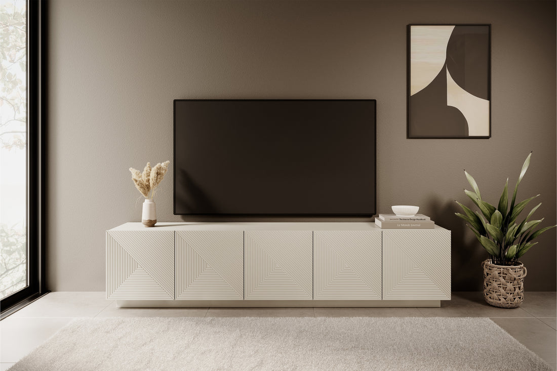 Asha 200 cm Vijfdeurs TV-meubel met Gegroefde Fronten | Kleur: Kasjmier | Maat: 200x46x40 cm