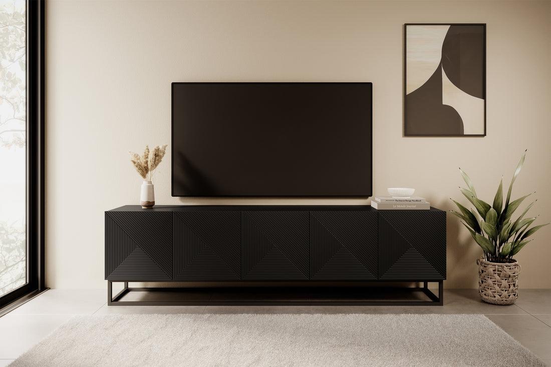 Asha TV-meubel 200 cm met gegroefd MDF-front en metalen frame | Kleur: Mat zwart | Maat: 200x56x40