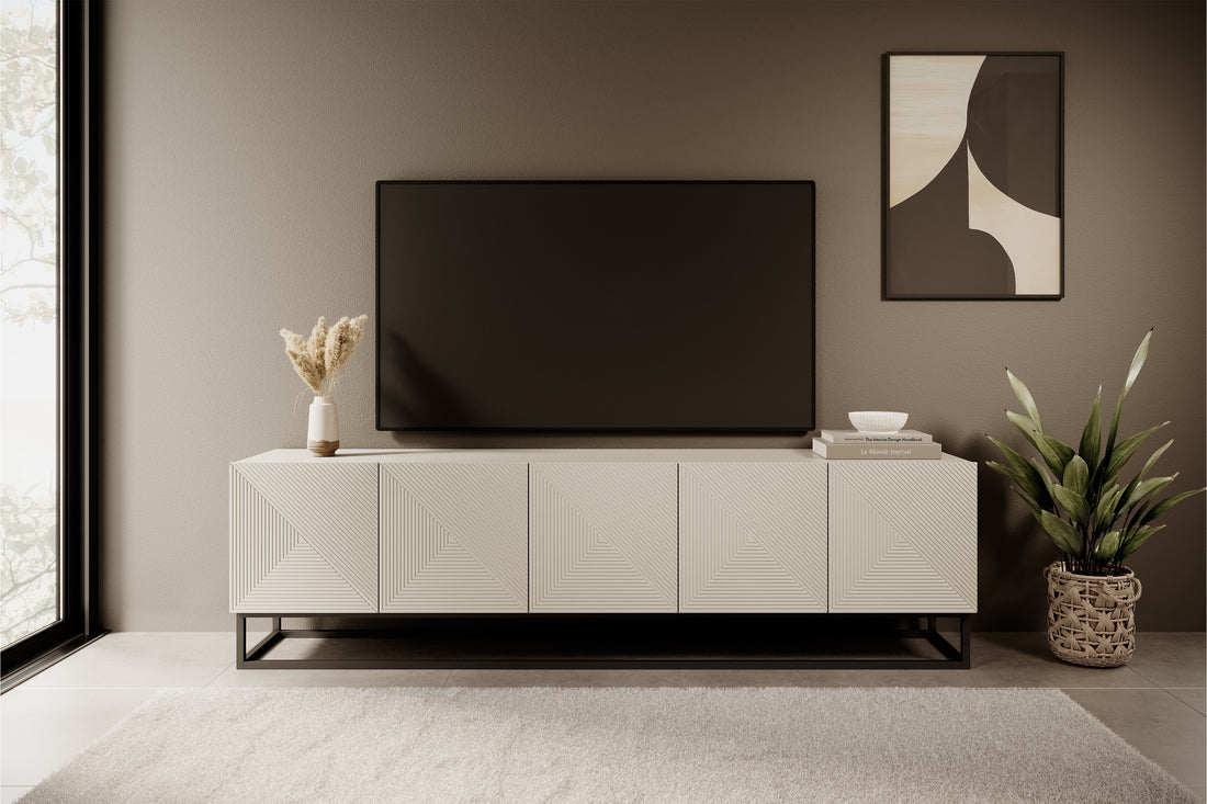 Asha TV-meubel 200 cm met gegroefde voorkant en zwart metalen frame | Kleur: Kasjmier
