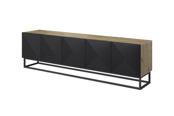 Asha TV-meubel 200 cm met gegroefd MDF front, metalen frame en 5 vakken | Mat zwart | 200x56x40 cm